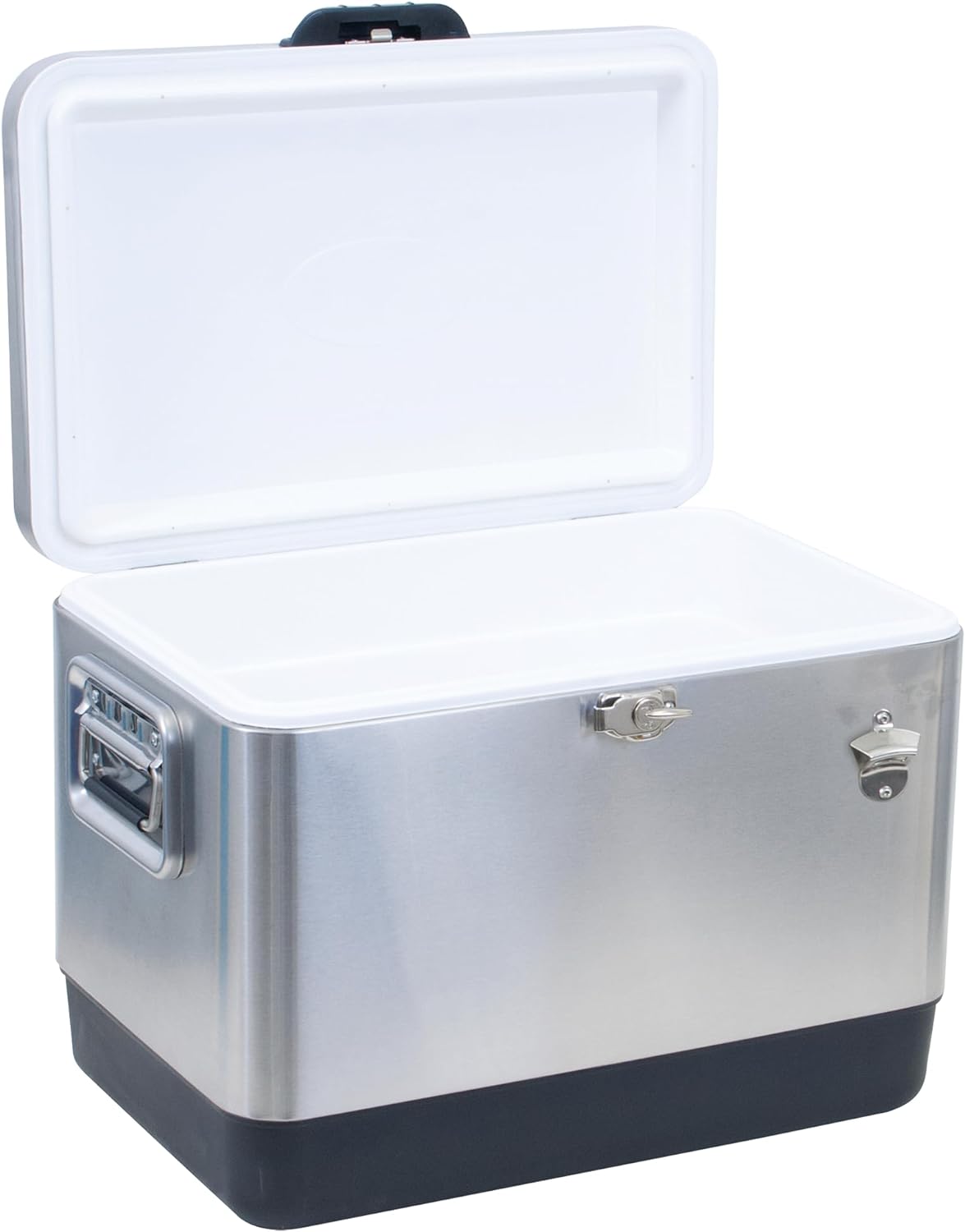 A sturdy beach cooler, ideal for keeping drinks and snacks cold during a day at the beach.