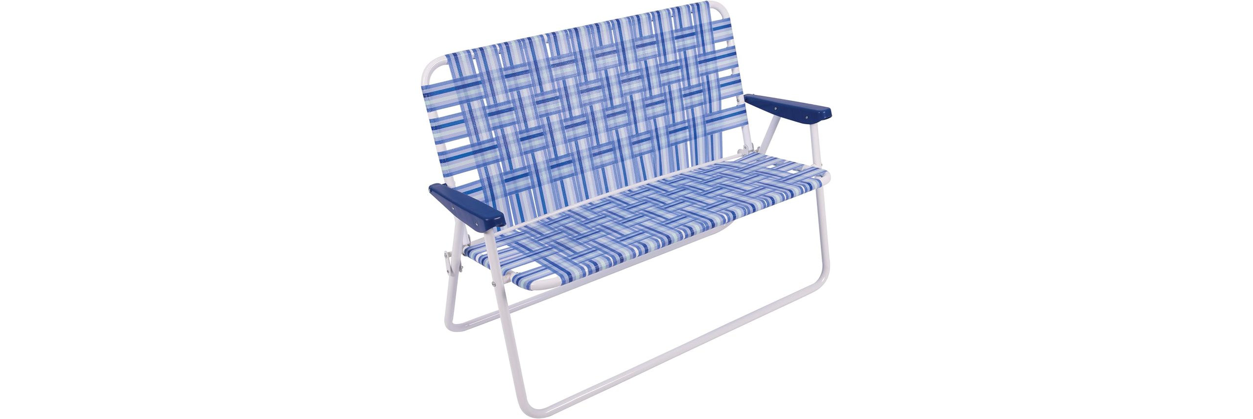 A blue and white patterned camping bench, offering seating for two and designed for outdoor adventures.